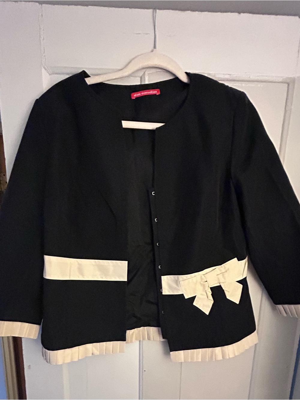 Alain Manoukian Black Jacket with Cream Trim and Bow - Women’s Blazer 12